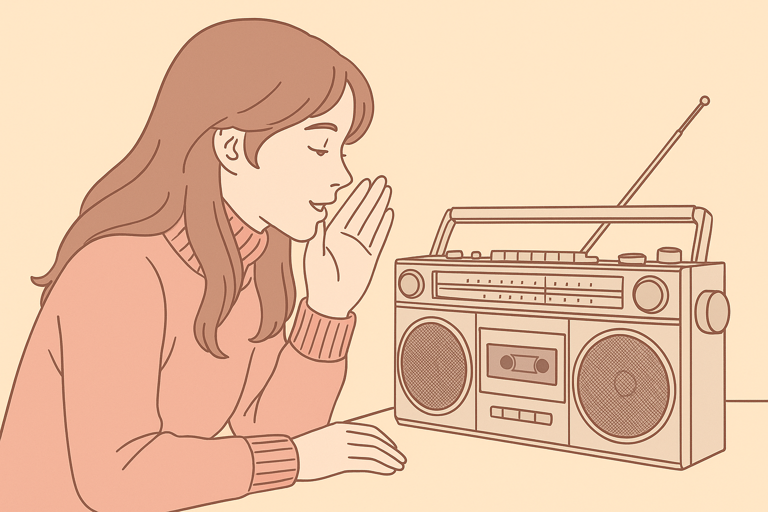 レトロなラジカセに囁く女性